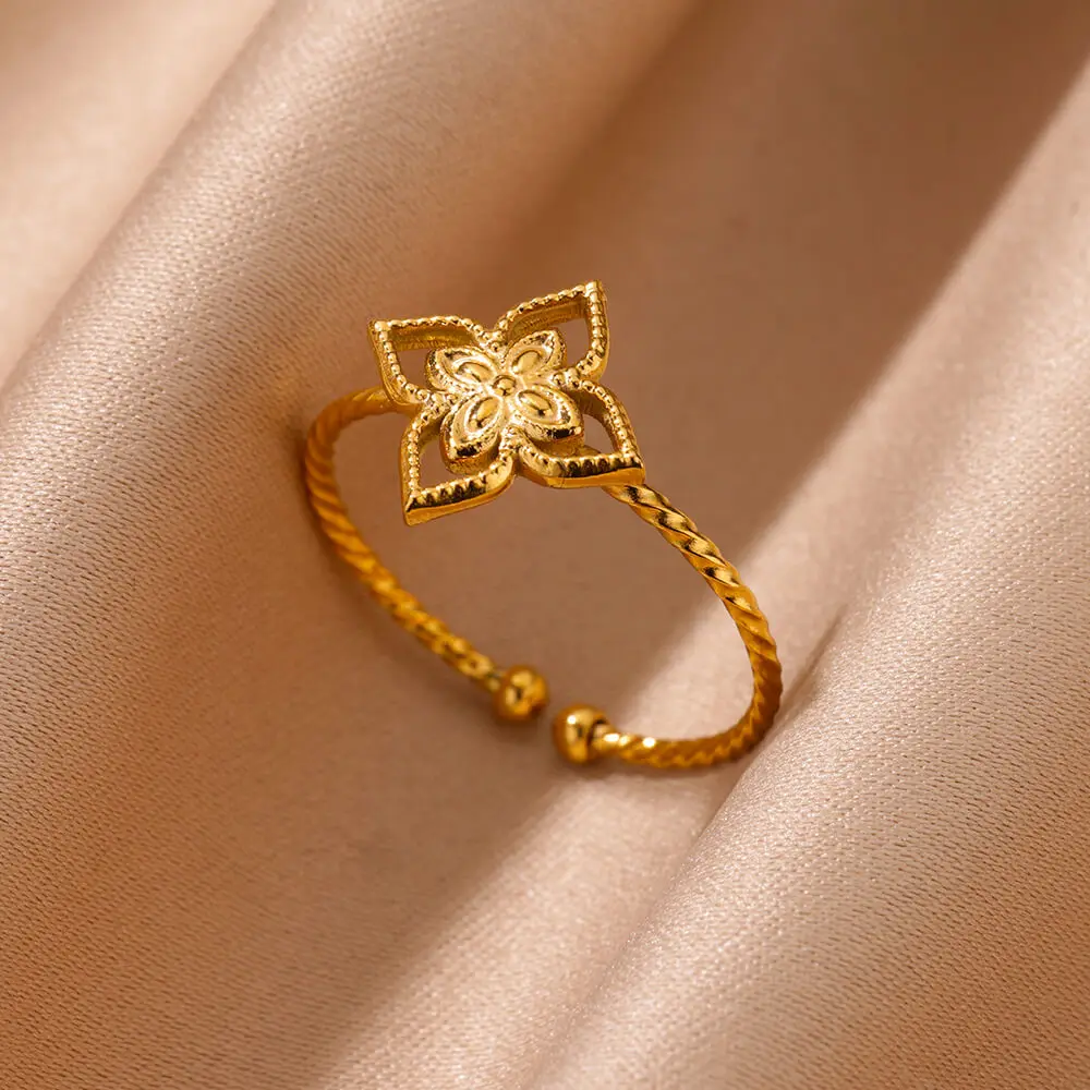 Stainless Steel Hollow Four-Leaf Clover Open Rings For Women