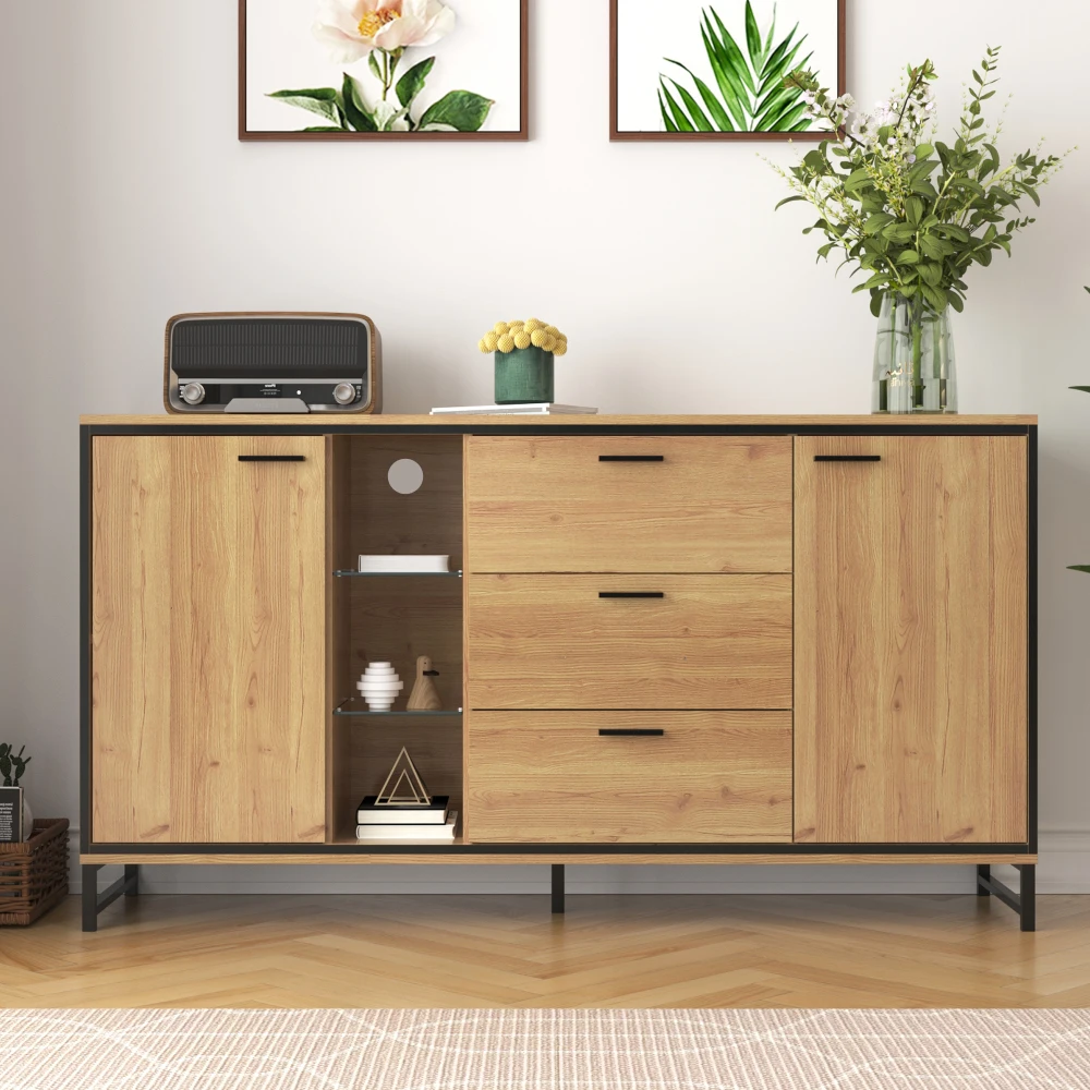 PINGGO Modern Wooden Side Cabinet with Three Drawers - Elegant Carved Storage Console - Stylish And Practical Home Furniture