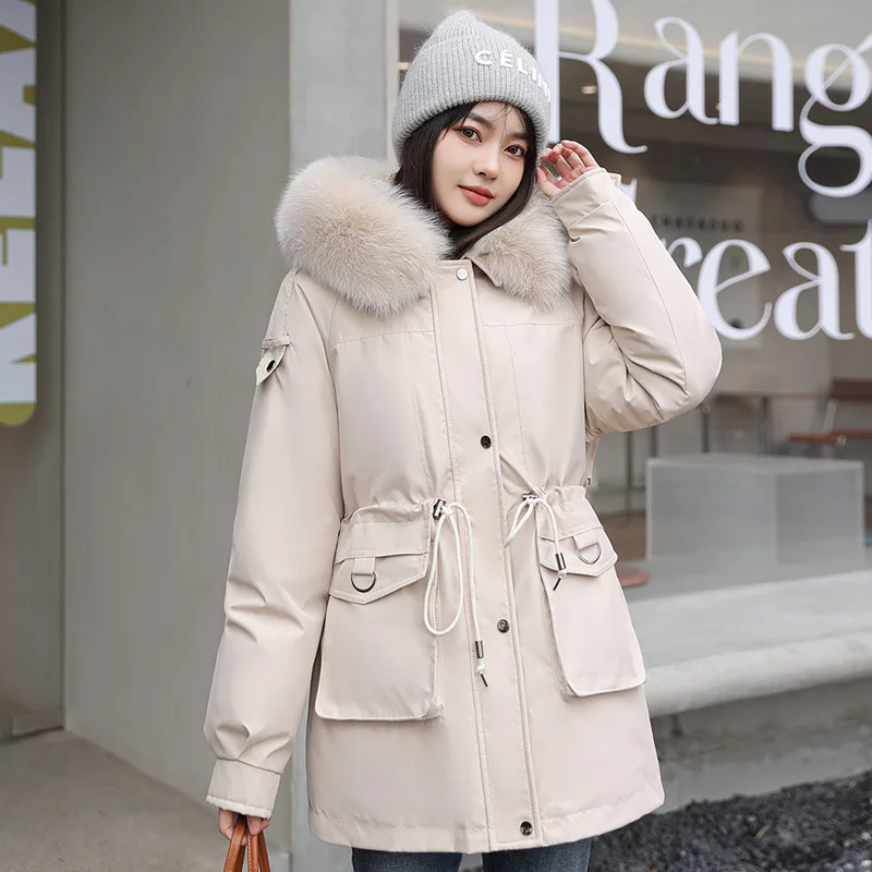 

New Thickened Detachable Lined Big Fur Snow Women Parka Cotton Padded Hooded Down Coat Cashmere Medium Length Winter Jacket