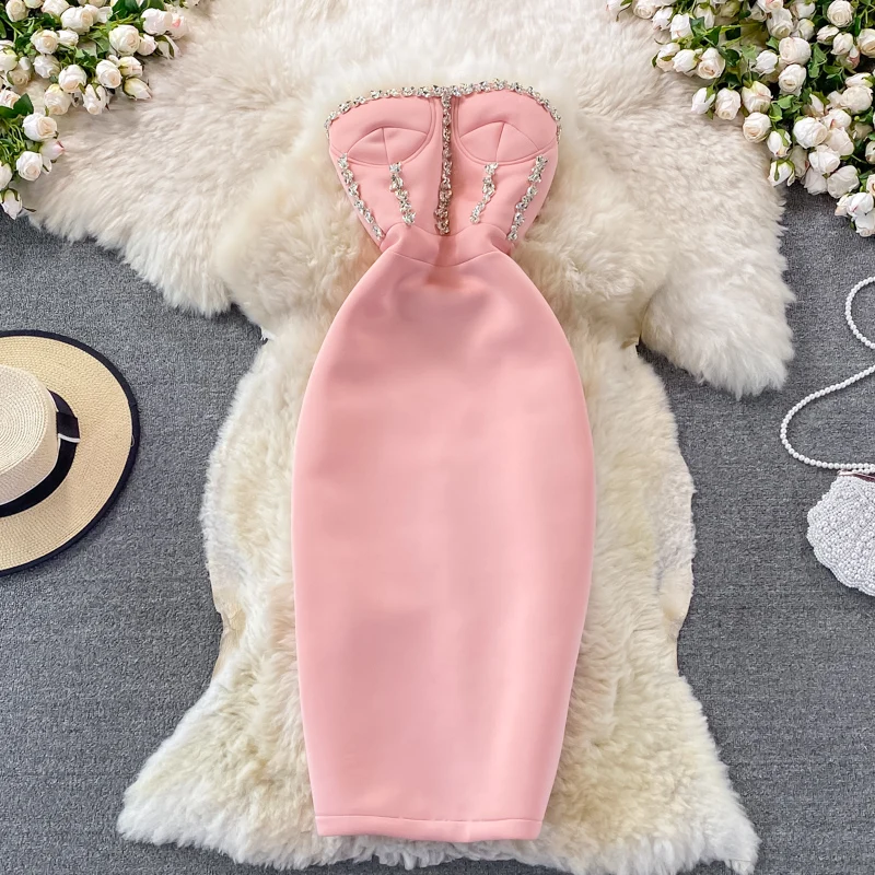 

Sexy Strapless Women Dress Bodycon 2023 New Elegant Beading Party Evening Club Midi Dresses Summer Autumn Clothes Robe