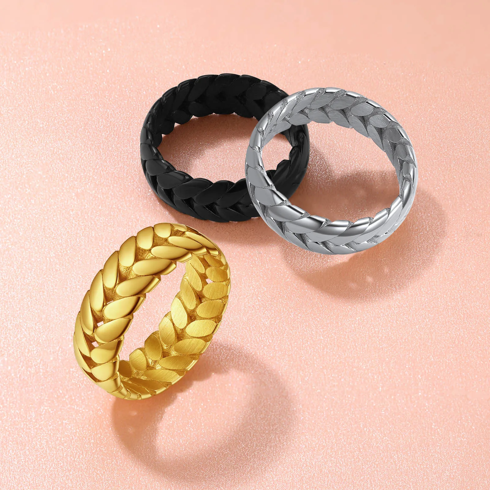 ChainsPro 7mm Wide Chain Link Rings for Women Men Olive Branch Vine Leaves Stainless Steel Jewelry Size 7 To 14 QC24 2