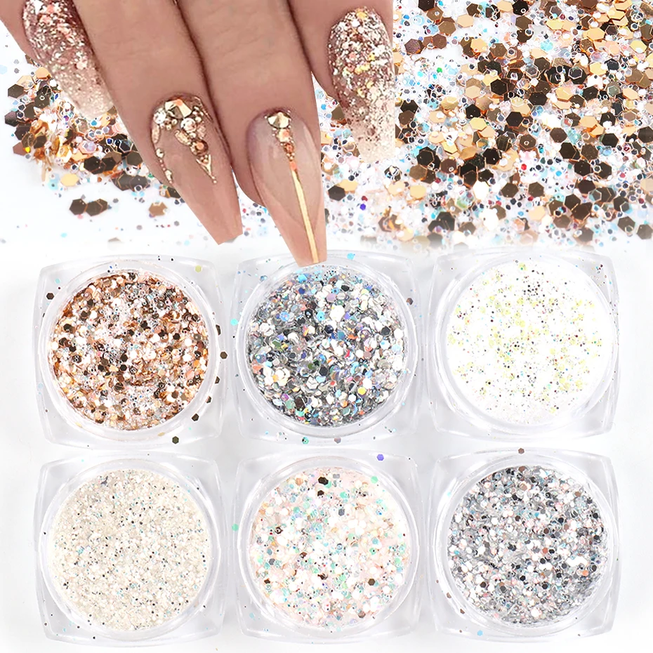 6pc Glitter for Nails Mixed Hexagon Sequin Champagne Laser Sliver Nail Art Flakes Paillette Manicure Decoration Design LA1539-27 nail glitter nail decoration nail decorations nail flakes