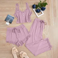 Ensemble de pyjamas 3 pièces pour femmes, vêtements de nuit, débardeur uni, shorts et pantalon, avec empiècements en dentelle, pour la maison et les loisirs 6