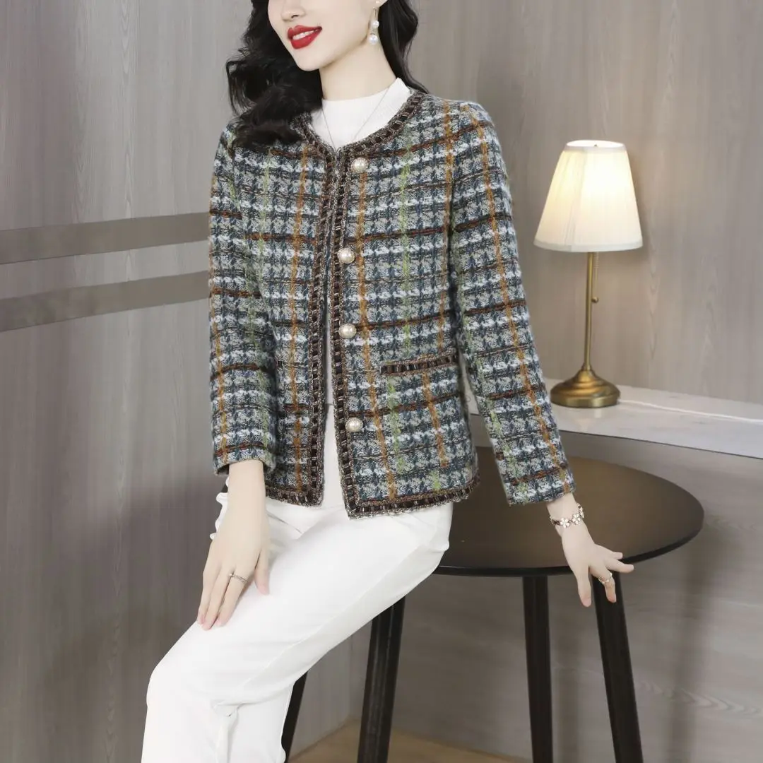 

Korean Style Tweed Jackets Women Elegant Plaid Blend Coat Pockets Female 2023 Autumn Single Breasted Outwear Office Lady E23
