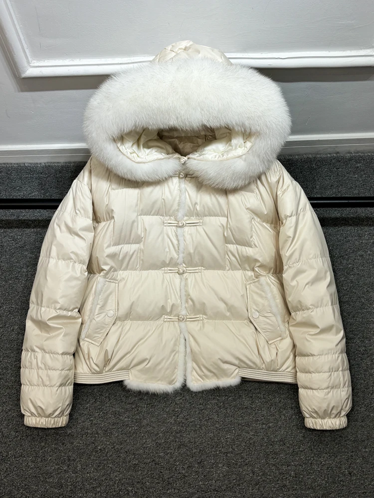 Lagabogy 2025 Winter Women White Duck Down Jacket Real Fox Mink Fur Collar Female Short Warm Puffer Coat Vintage Hooded Parkas
