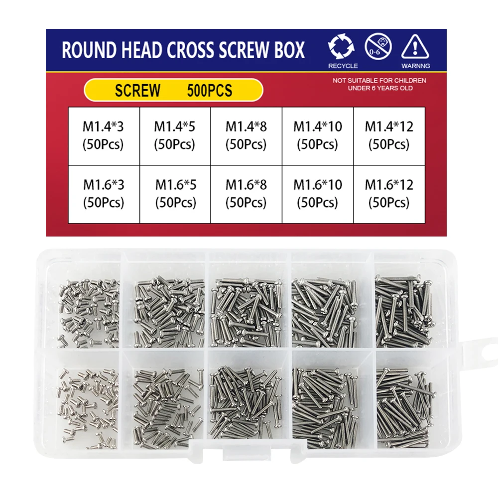 M1 M1.2 M1.4 M1.6 M2.5 M3 Metric Thread Machine Bolt Phillips Round Head Cross Screw Box Set 304 Stainless Steel Assortment Kit