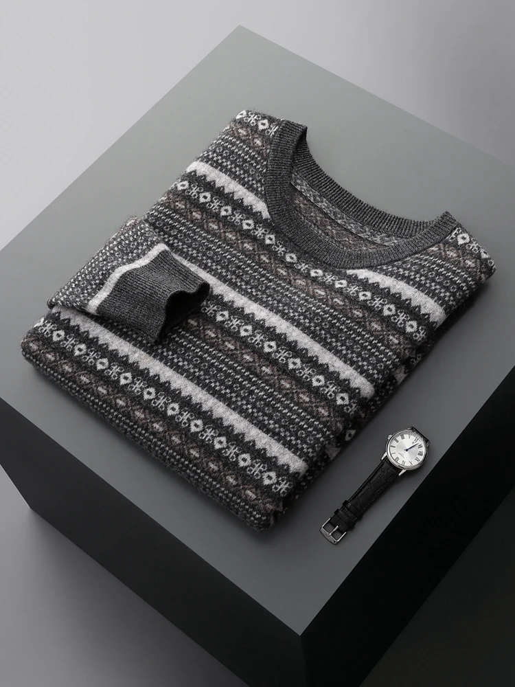 New Men O-neck 100% Merino Wool Sweater Autumn Winter Long Sleeve Cashmere Pullover Soft Warm Vintage Knitwear Casual Jumpers 6