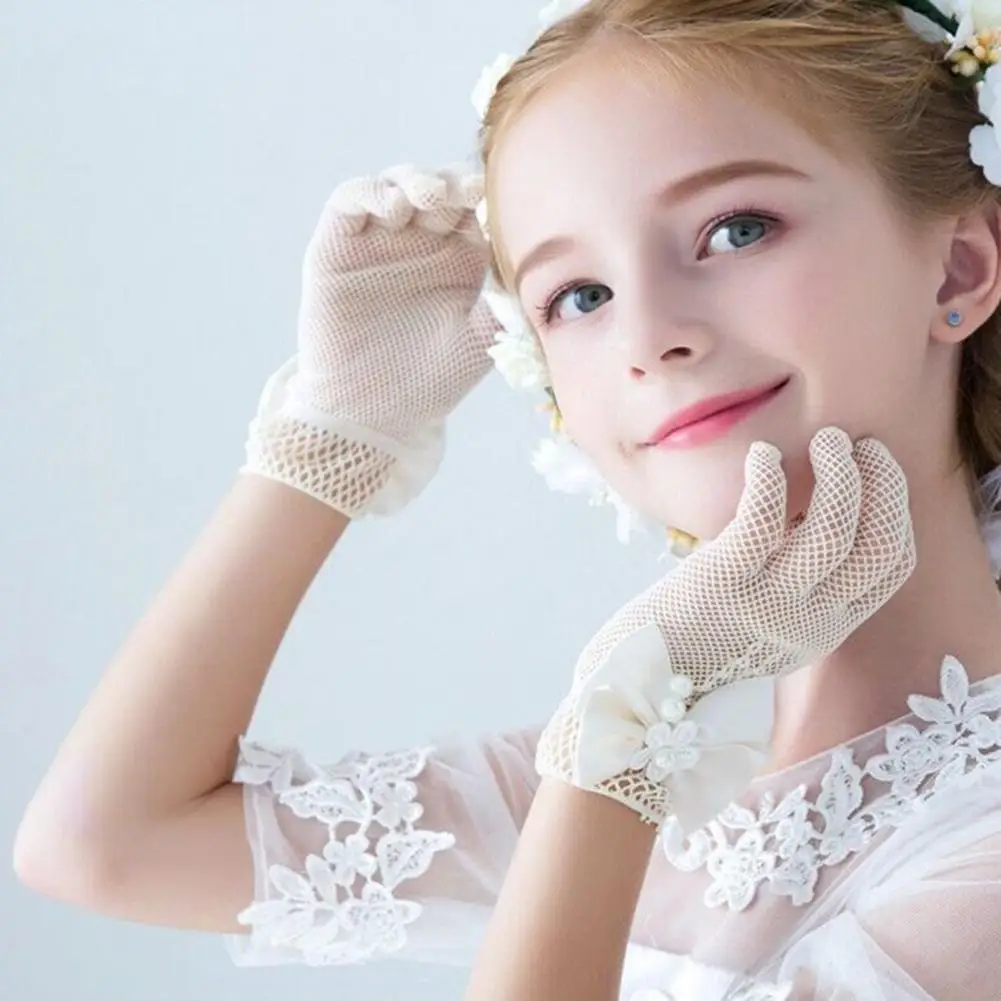 1 Pair Beautiful Children Gloves Faux Pearl Elastic Flower Girl Gloves Breathable Cosplay