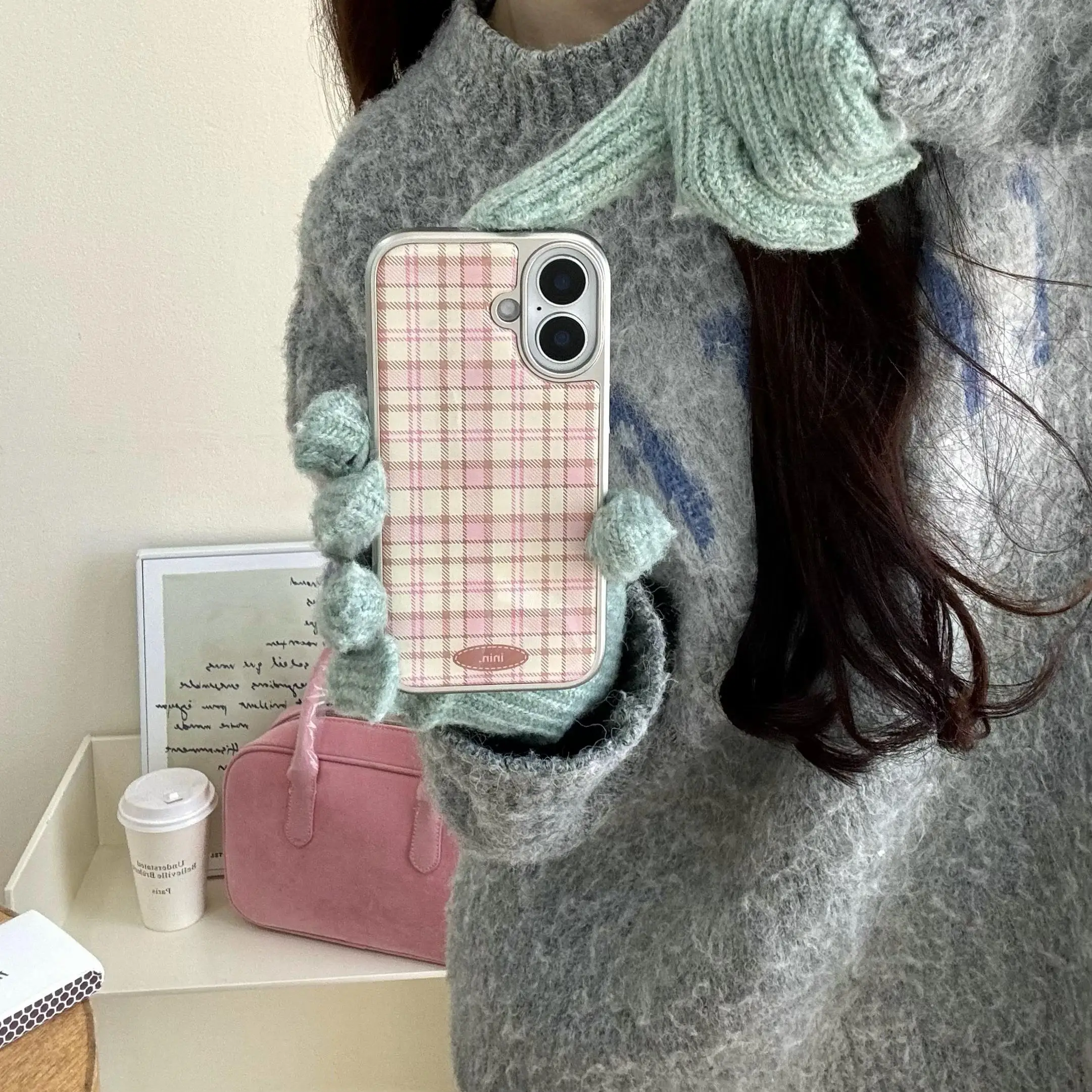 Korean Girly Checker Pattern Silver Border Phone Case with Y2K Resin Design