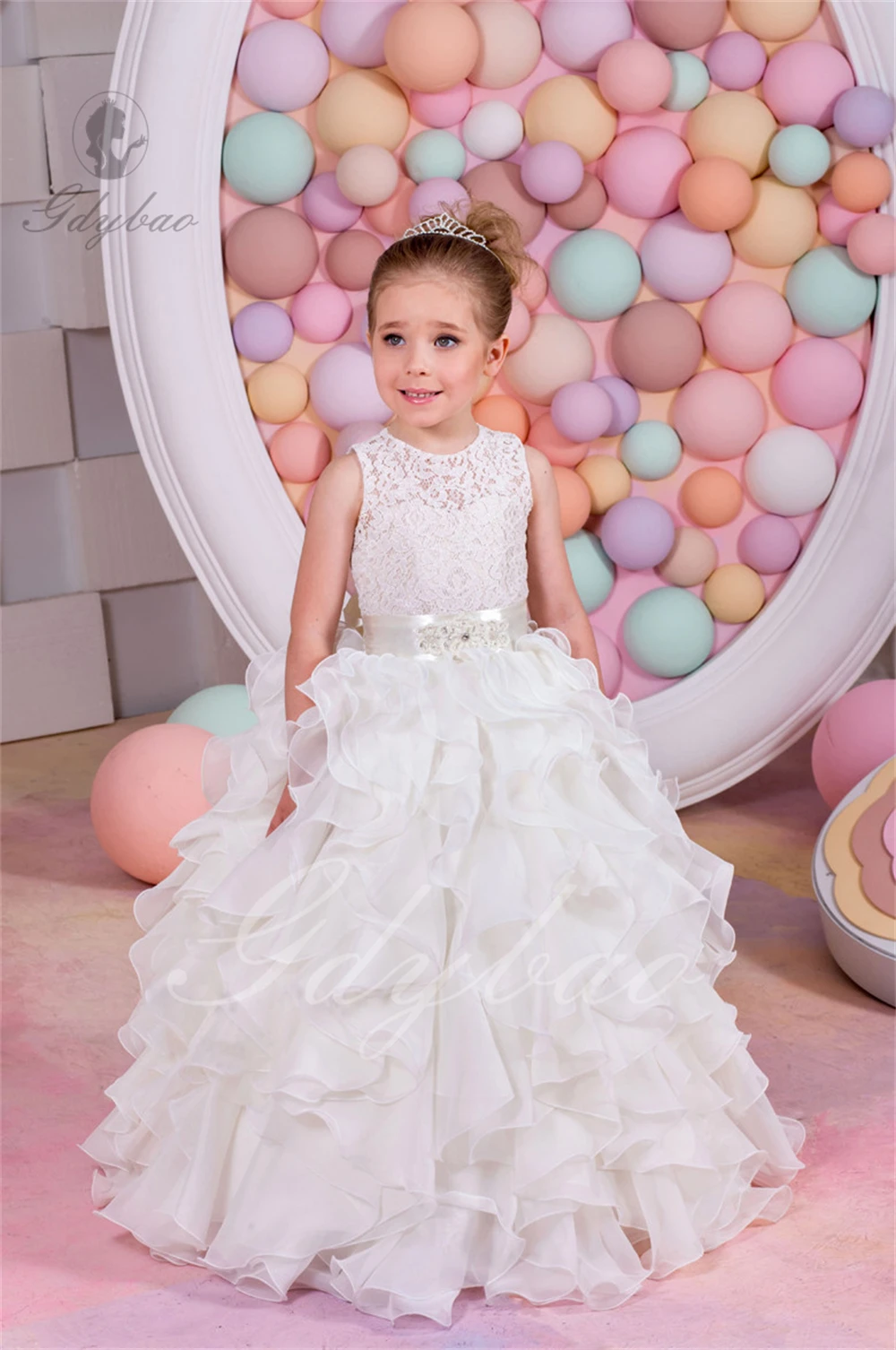 

Фатиновое платье с цветочным рисунком для девочек, свадебное кружевное бальное платье принцессы без рукавов с круглым вырезом и аппликацией для первого причастия на день рождения