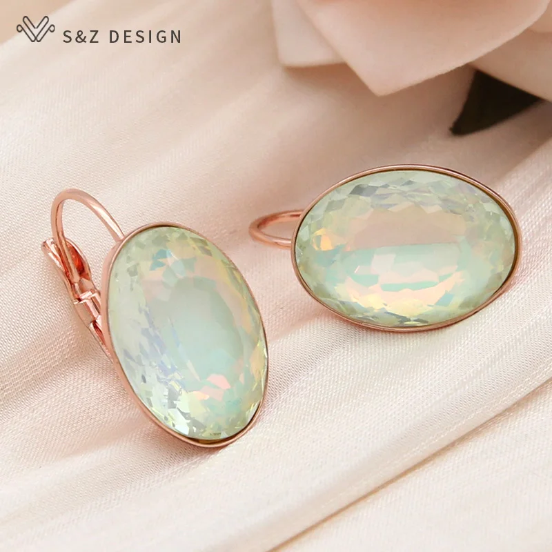 S&Z DESIGN New Trendy 585 Rose Gold Color Big Oval Egg Shape Crystal Dangle Earrings For Women Wedding Elegant Jewelry Gift