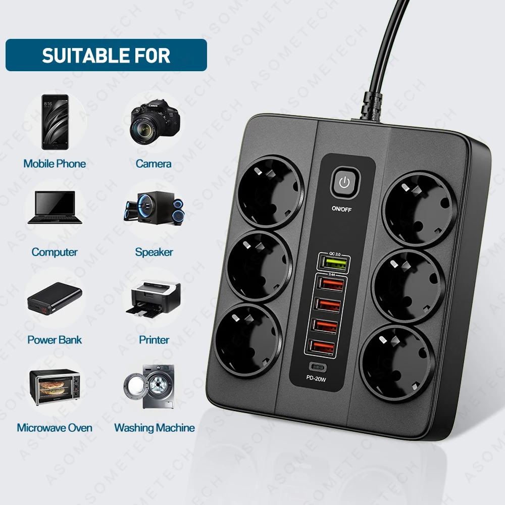 Power Strip com Vários Usb c Carregador Rápido Soquete Doméstico Inteligente Proteção contra Sobrecarga Extensão Múltipla tipo c 3000w pd Qc3.0 eu - Image 3