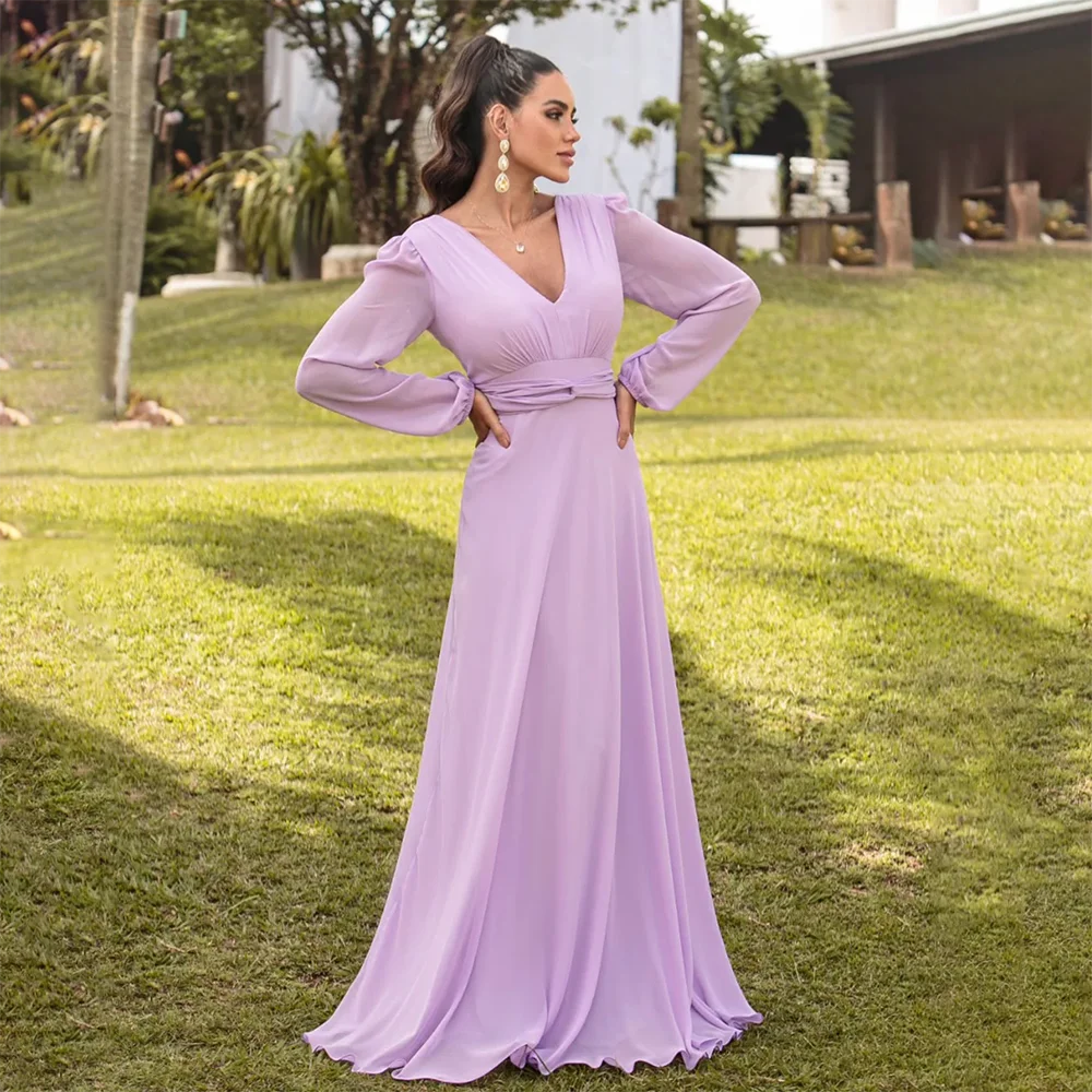 

2024 V-Neck Chiffon Bridesmaid Dresses Floor Length Mother DressWaist in Long Sleeve Boho Styles Outdoor Party Dress