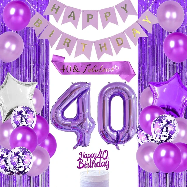 Decoraciones de fiesta de 40 cumpleaños para mujer, globo morado con número  40, pastel de adorno