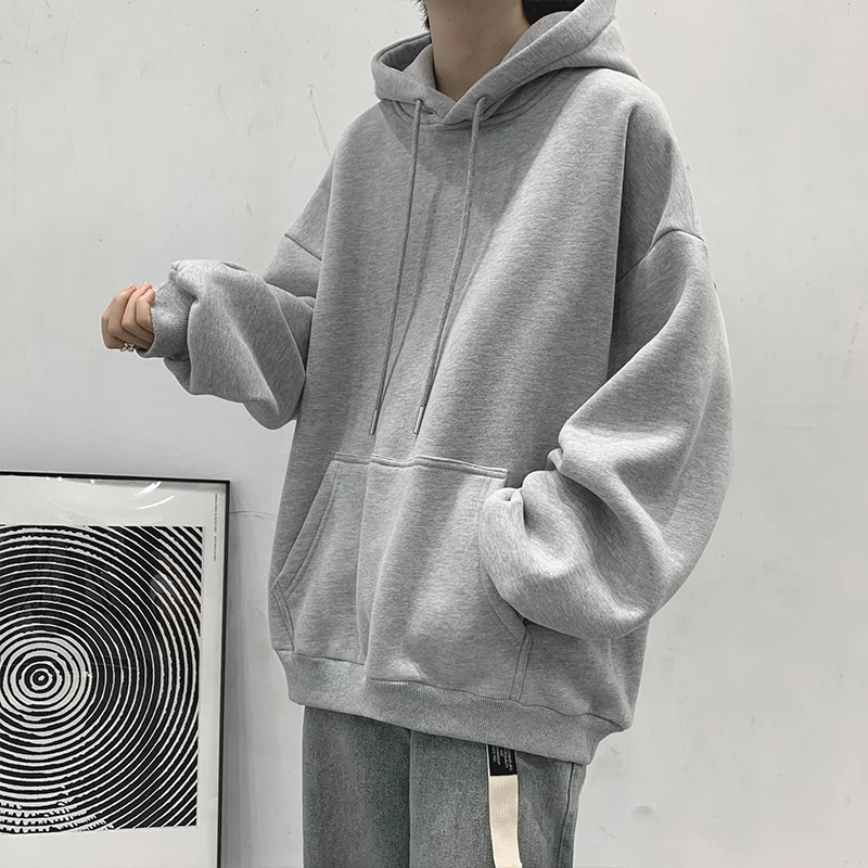 Loose Fit Men's Hoodie Pure Color Casual Streetwear Spring Autumn Winter Grey Heavyweight Hooded Jacket for Boys And Students - 2