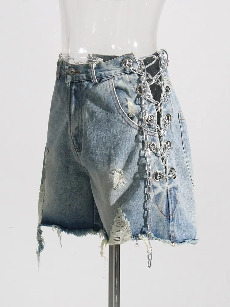 KBQ Hollow Out Spliced Chain Shorts For Women High Waist Patchwork Raw Hem Solid Streetwear Loose Denim Short Trousers Female