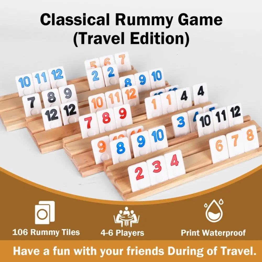 106Pcs Classic Games Wooden Rummikub Game 106 Tiles Portable Case Rummy Cube Game Travel Set Dice Parent-Child Interactive