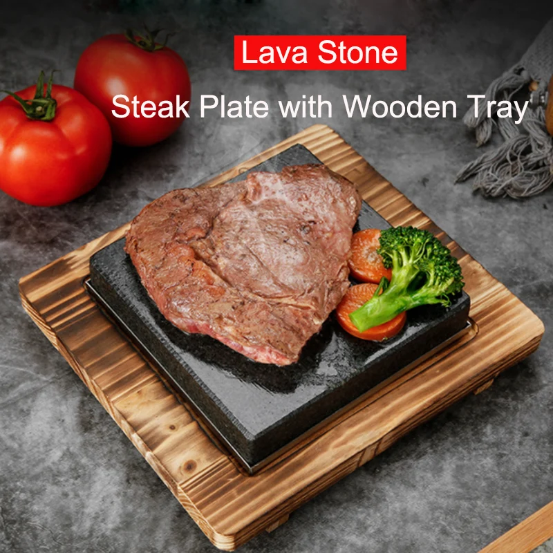 SqaureLavaStoneSteakPlatewithWoodTrayCookingHotStonesfor