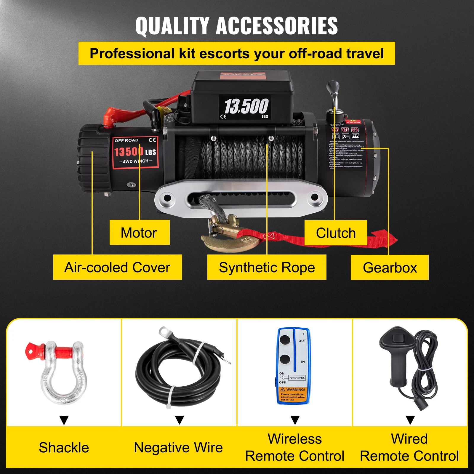VEVOR 13500 LBS 12V Electric Winch 24M/92FT Synthetic Tow Rope Lifting Treuils Hoist for 4X4 Car Trailer ATV Truck Off Road Boat