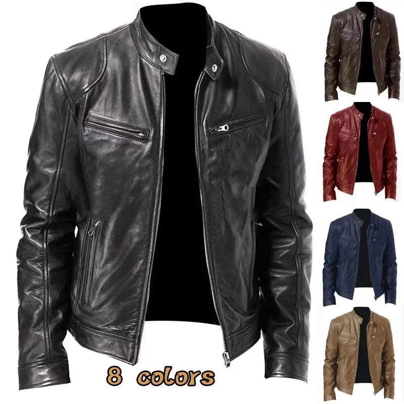 

2023Motorcycle Jacket Mens Slim Fit Short-Coat Collar PU Jackets Winter Autumn Zipper Stand Windproof Leather Coat