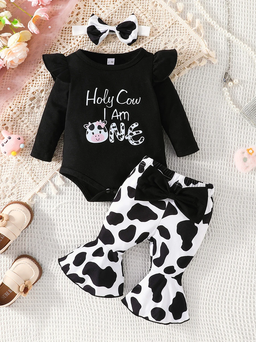 

Baby Girls Birthday Outfits Letter Cow Print Long Sleeve Black Rompers Long Flare Pants Headband 3Pcs Fall Clothes Princess Set