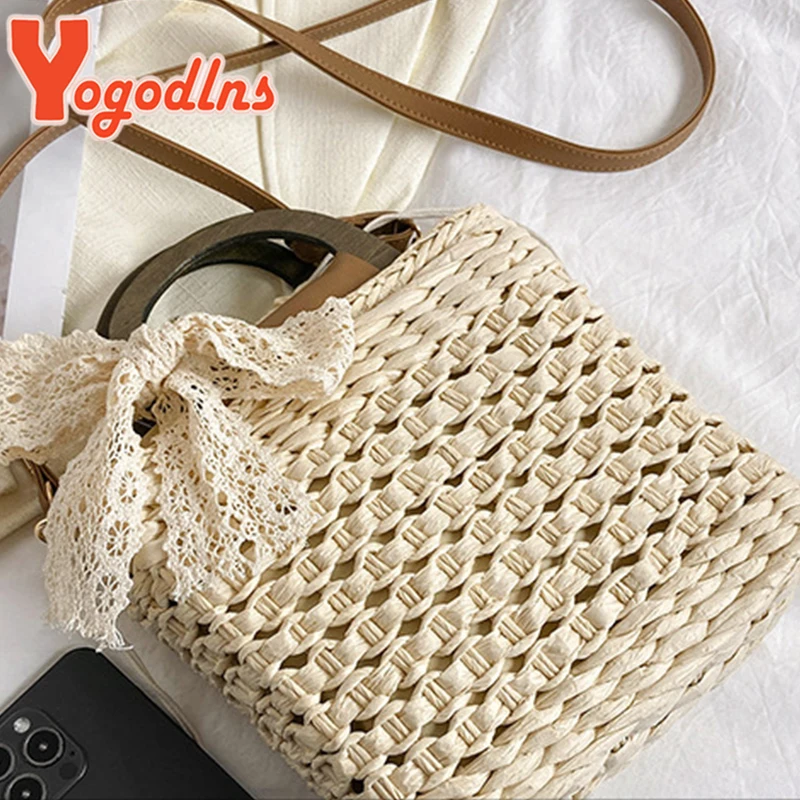Straw Bag Women Hand-Woven Handbag Small square bag Shape Lace Bow Rattan Capacity Casual Beach Shoulder Crossbody Bag