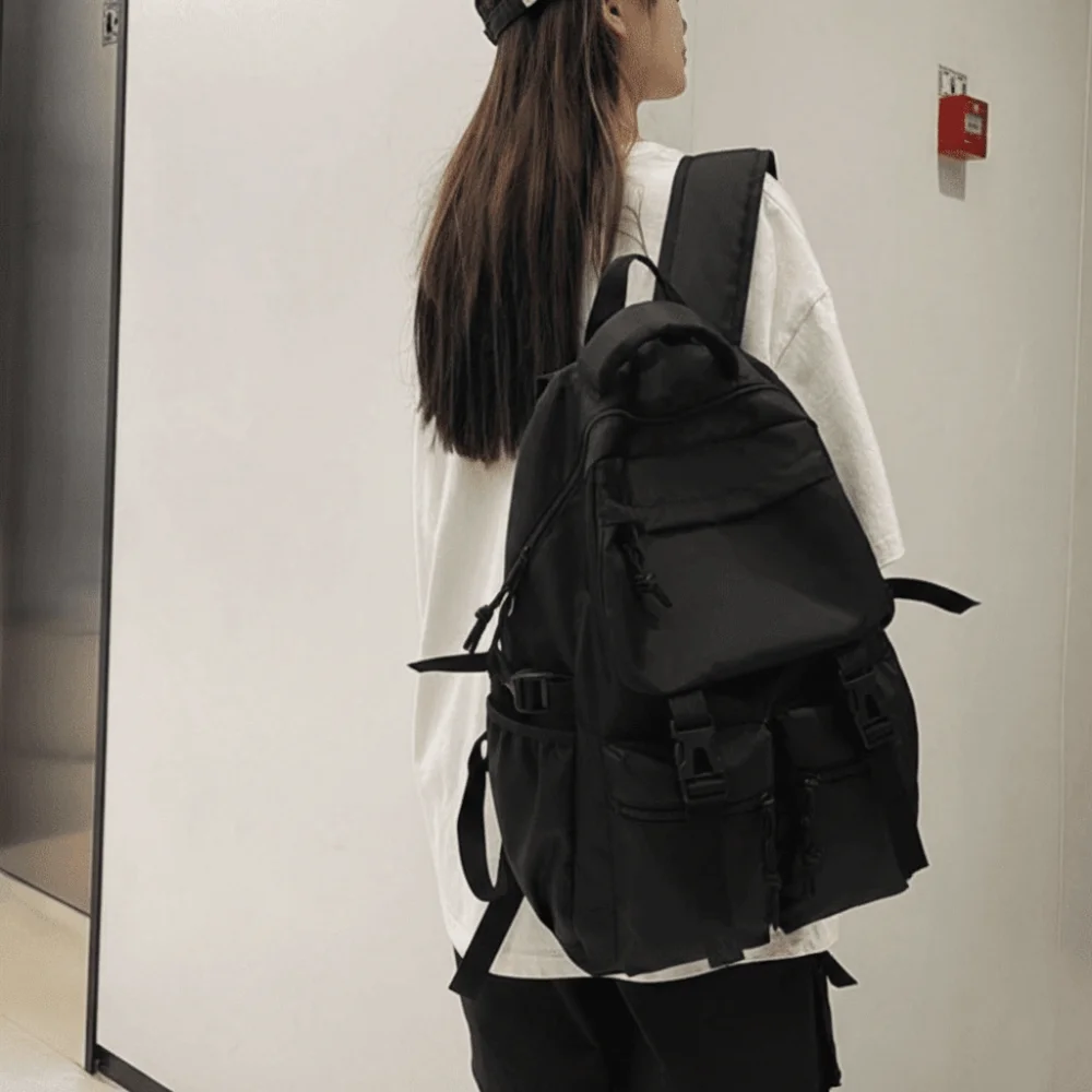 Fashion Large Capacity Canvas Backpack Harajuku Multi Pocket Students School Bag Japanese Style Nylon Shoulders Bag Girls Boys 2