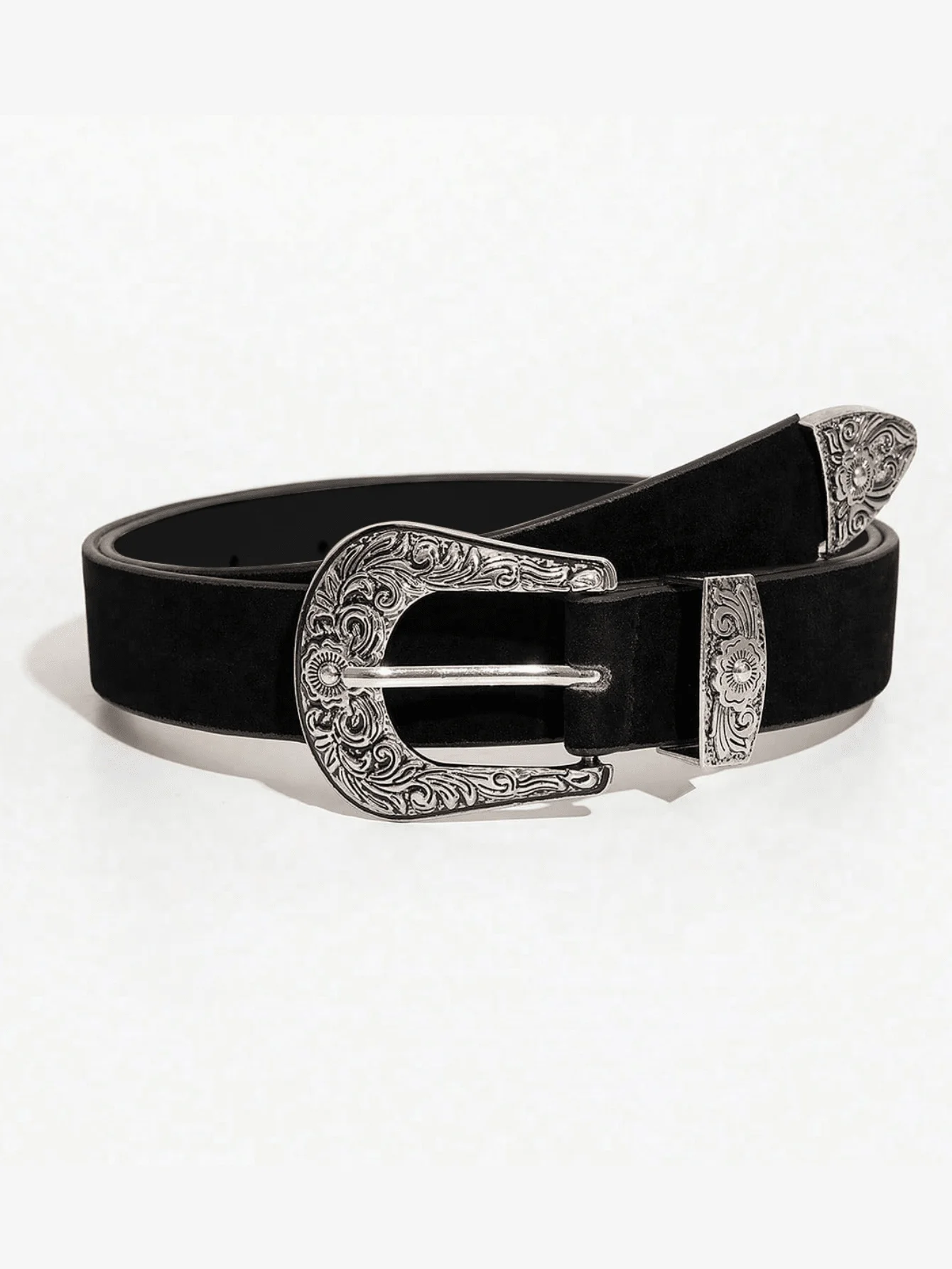 Schwarzer Vintage-Bohemien-Stil für Damen, leichter Luxus-Samtgürtel mit silberner Gravur und Metallschnalle für Jeans, ein vielseitiges Accessoire – Detail 1