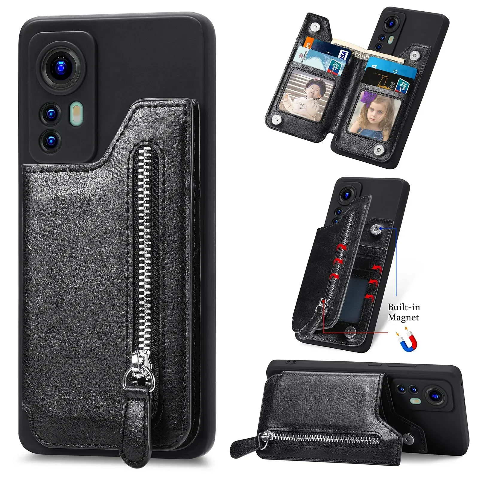 Zipper Wallet Leather Case with Magnetic Stand Cover