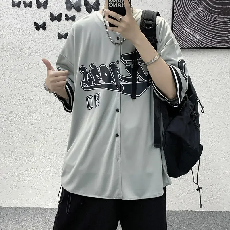 남성용 슬림핏 반팔 티셔츠, 캐주얼 루즈한 스타일, 다용도 힙합 가디건, 야구 유니폼, 2022 여름 유행