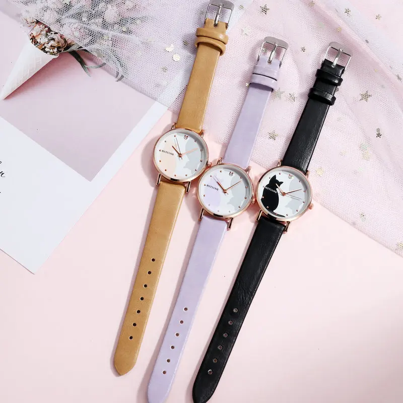 Nowe zegarki damskie wzór kota zegarek kwarcowy dla dzieci zegarek dziewczęcy skórzany kreskówka modny zegarek Relogio Montre