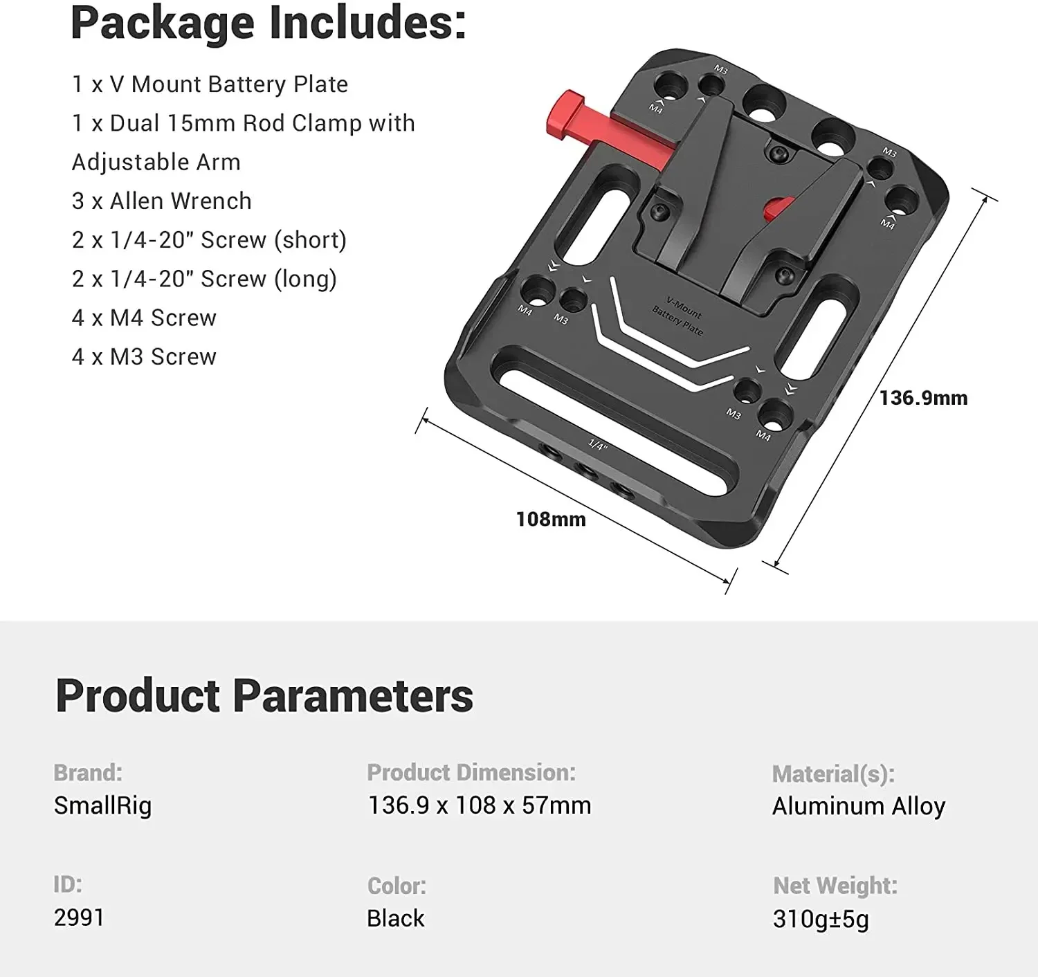 SmallRig V MOUNT Battery Plate with Adjustable Arm with 15MM Rod Clamp Standard