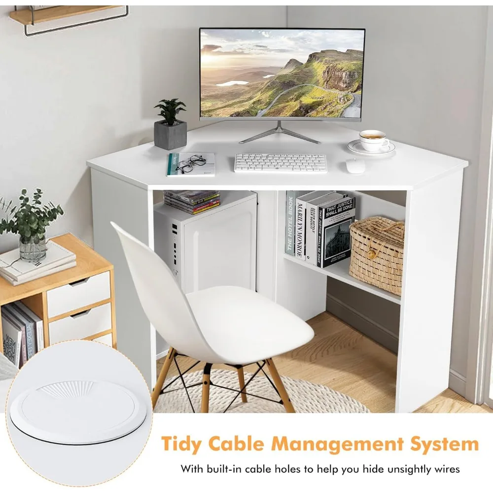 Corner Computer Desk, Space-Saving Triangular Writing Desk w/ 2 Storage Shelves & 2 Cable Holes, Multi-Functional Consol 5
