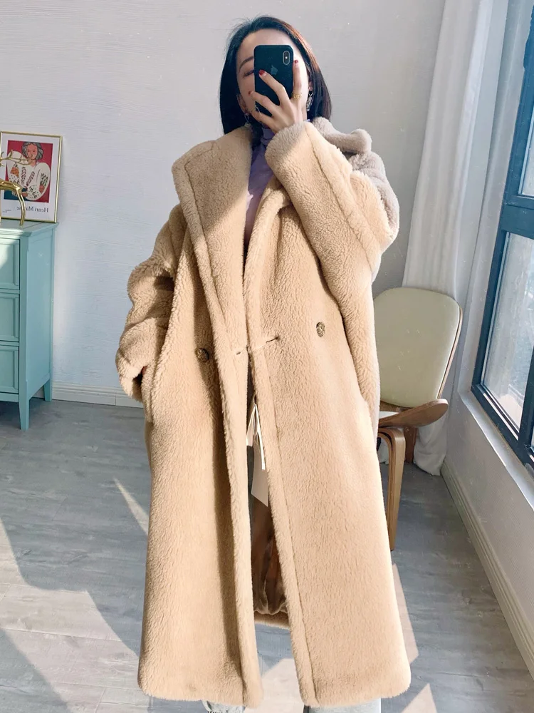 

Autumn Winter New Luxury Teddy Bear Coat Women Camel Fleece Mid-length Loose Silhouette Real Fur Coats Fashion Female Clothing