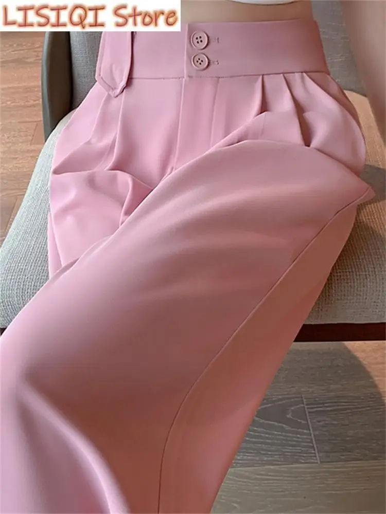 New White High Waisted Pants for Women Spring Korean Fashion Button Up Wide Leg Pants Office Ladies Casual Pants