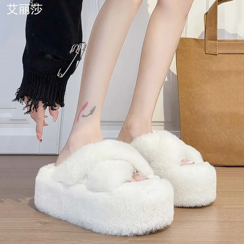 

big size 42 woman winter warm furry flip flops female house slipper 7 cm Platform fluffy slippers women's cross band fur slides