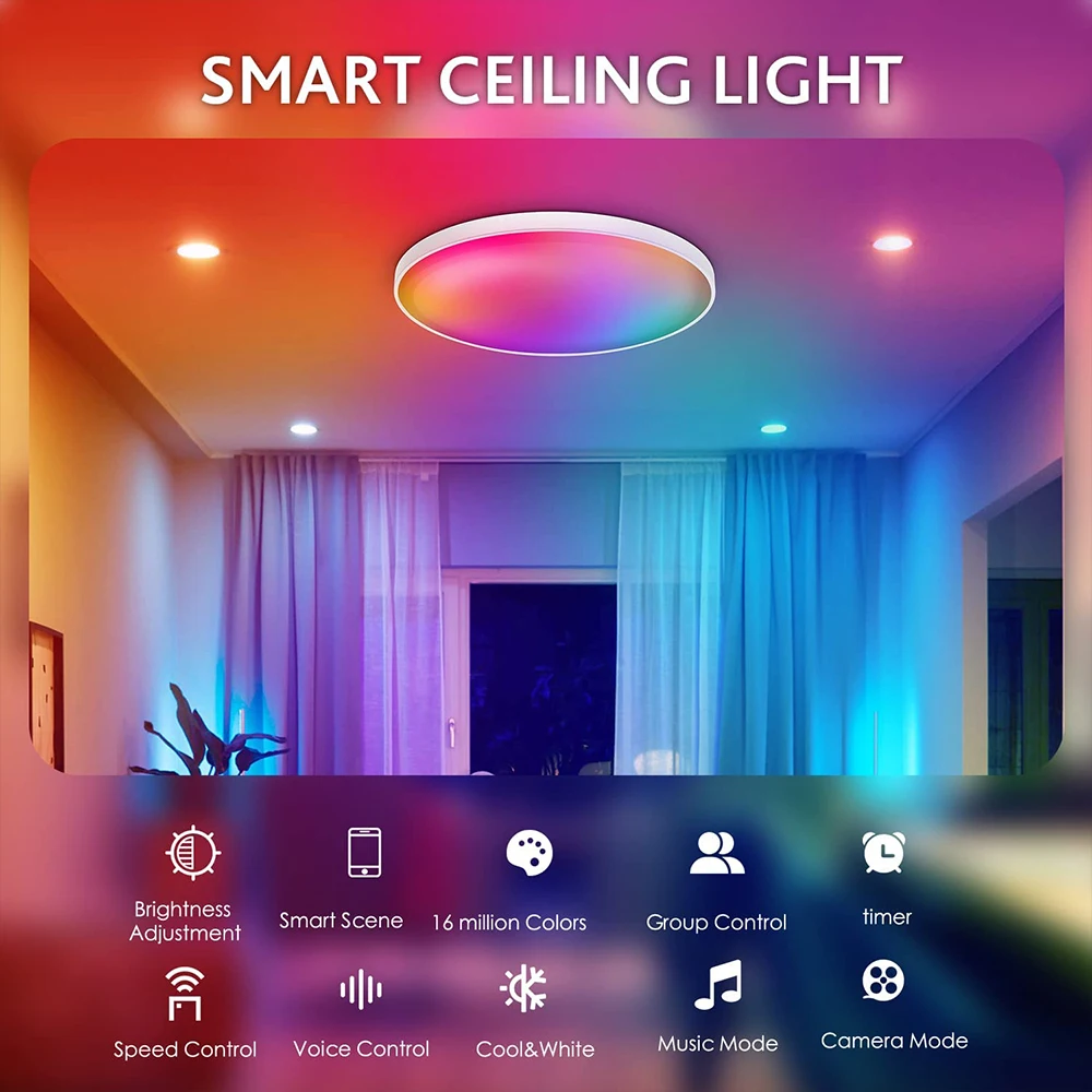 30W LED Ceiling Lamp Smart WIFI Ceiling Lighting For Living Room Bedroom RGB DIY Color Ceiling Lamp With Micr Google Home ceiling lamp