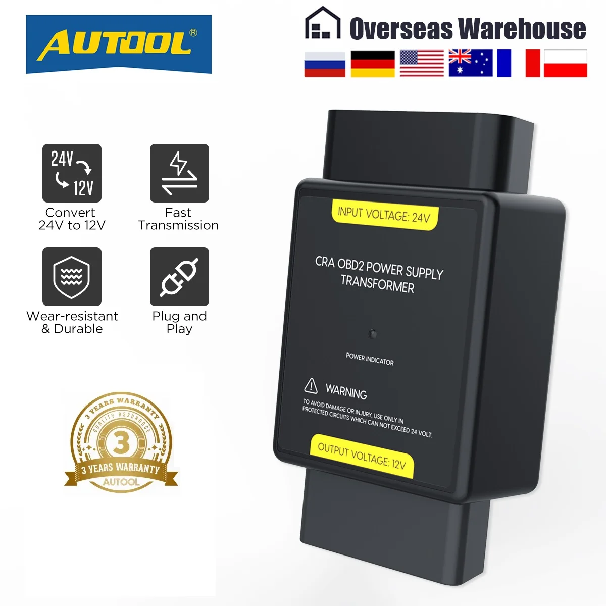AUTOOL OBD Power Supply 24V to 12V Adapter Input Voltage 24V to Output Voltage 12V OBD Adapter Connector