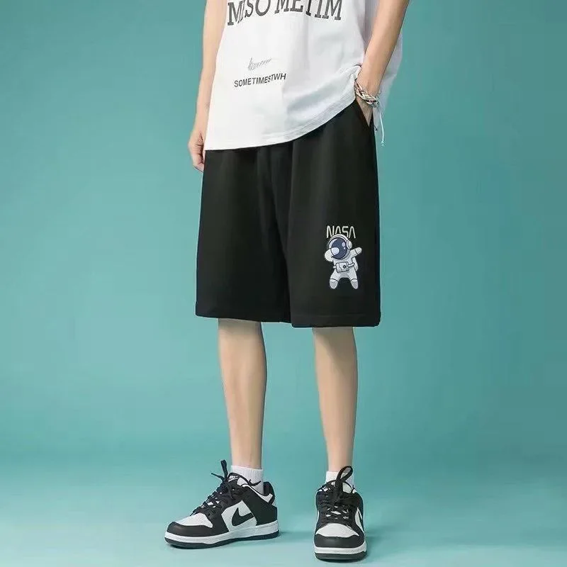 M-5XL 남성용 캐주얼 반바지, 플러스 사이즈 비치 스포츠 반바지, 5 점 반바지, 드로스트링 우주비행사 프린트 반바지, 남..