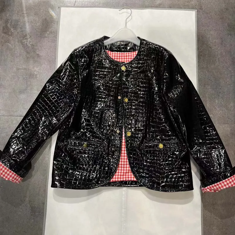 

Women Coat Spring O-Neck Collar Clothes Short Length Imitation Crocodile Skin Lines Real Sheepskin Pink Lining