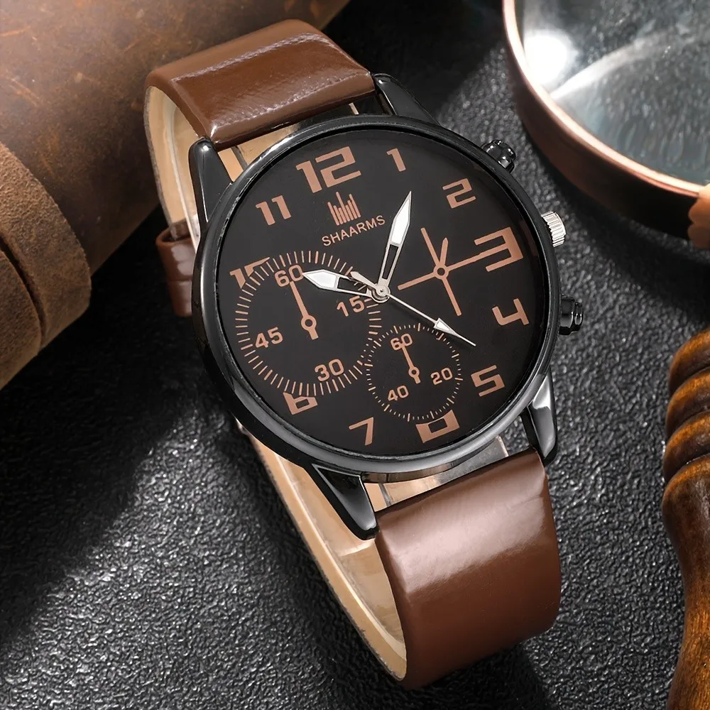 Kegllect 5PCS Men Quartz Watch Round Dial Leather Strap  Bracelet Set Ideal Choice for Gifts(Without Box) 2