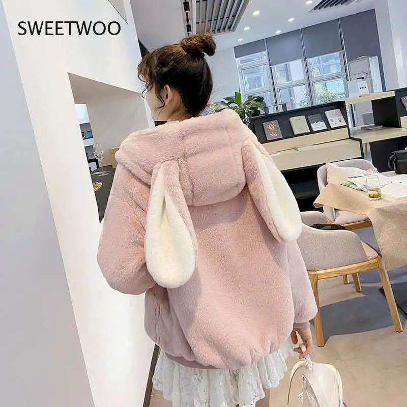 2022 Winter Kawaii Velvet Thickened Imitation Fur Coat Women's Loose  Cute Rabbit Ears Hooded Coat