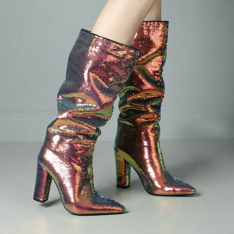 

2024 Women Knee High Boots Fashion Pointed Toe Square High Heel Ladies Calf Boots Bling PU Leather Slip on Dress Women's Boots