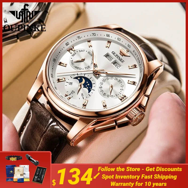 OUPINKE Luxury Watch For Man Top Brand Mechanical Wrist Watches Sapphire Glass Waterproof Leather Strap Automatic Watch Men 3189