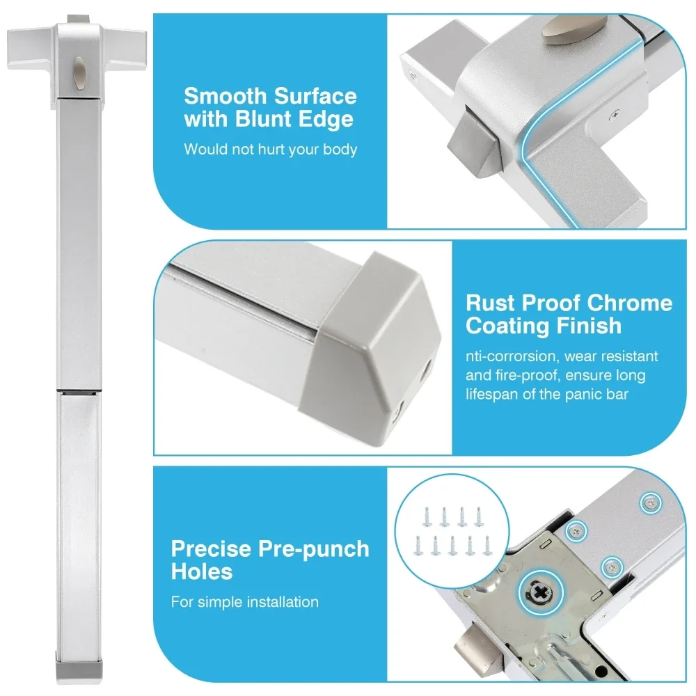 Panic Exit Device Door Push Bar Rod Emergency Fireproof Exit Bar Closer for Doors Width 70-104cm Easy Installation
