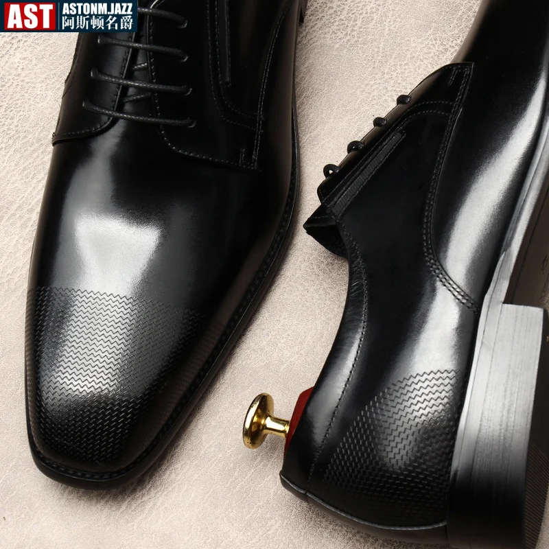 Italian Mens Dress Shoes Luxury Genuine Leather Summer Fashion Square Toe Black Business Social Oxfords Shoes