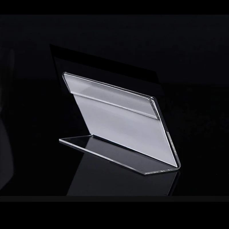10pcs Clear Price Tag Clip Sign Card Holder stands L Shape Mini Label Deskstop stand Racks Acrylic Card Display Holder 4X2 7X4cm