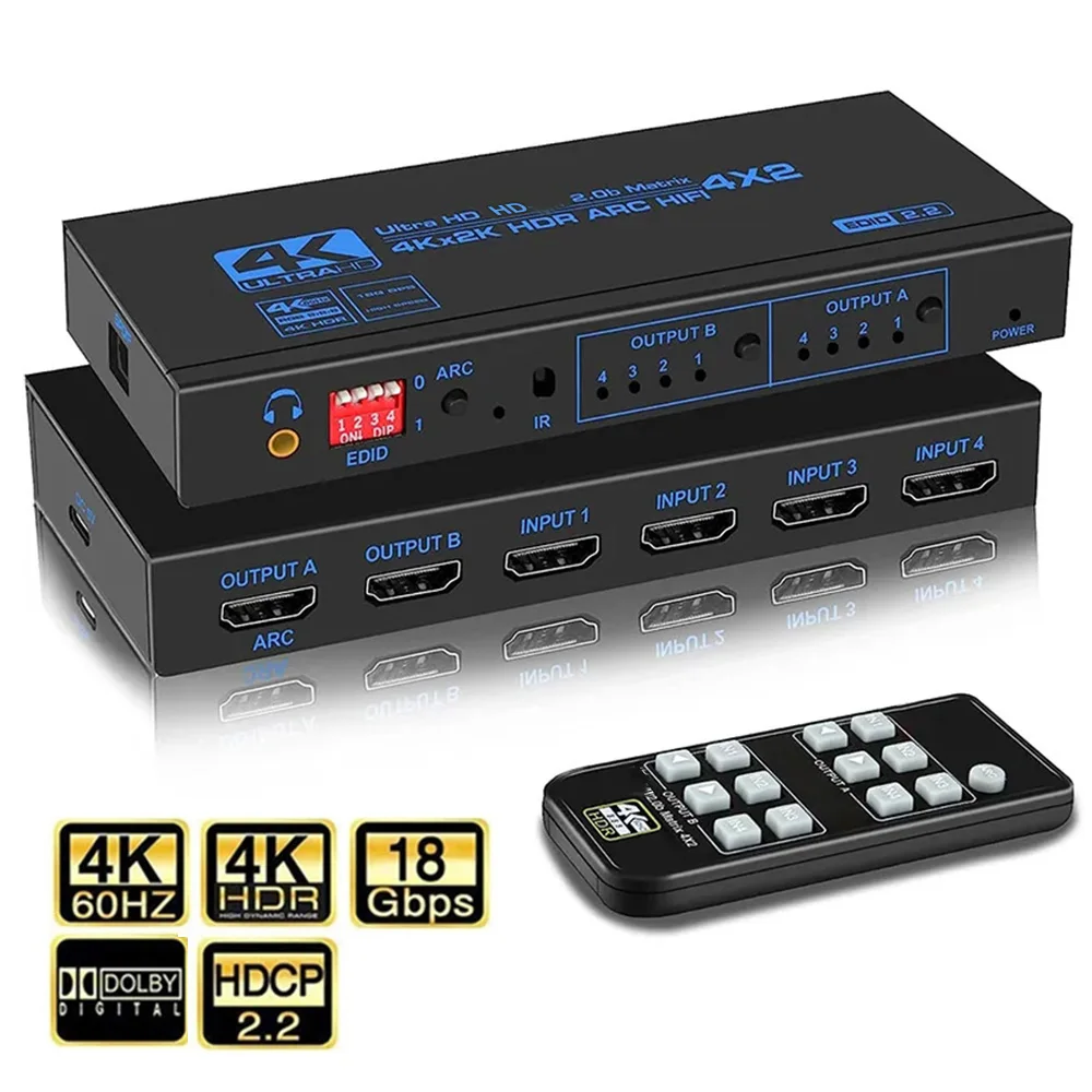 4K 60Hz Matrix 4X2 Met Optische 3.5Mm Stereo Audio Uit Schakelaar Splitter 4 In 2 Uit Ondersteuning Arc Hdcp 2.2 Edid Hdmi-Compatibel