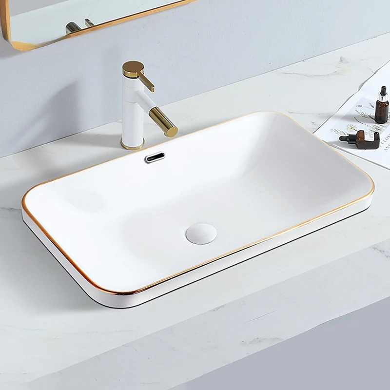 

5 Sizes White Ceramic Bathroom Sinks Modern Golden Edge Washing Sink Simple Embedding Into Toilet Washbasins Square Wash Basin