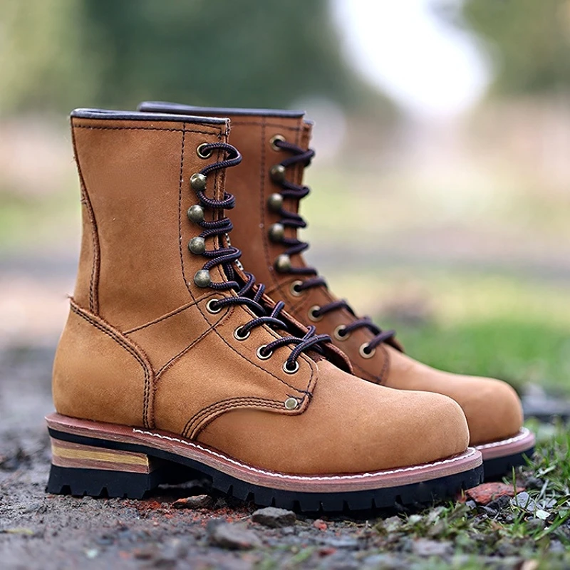 

Thickened Cowhide Men Outdoor Retro Motorcycle Boots High-top Desert Boots Genuine Leather Hand-stitched Work Boots Shoe for Men